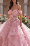 Robe de bal rose à épaules dénudées, robe de quinceañera à volants appliqué