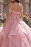 Robe de bal rose à épaules dénudées, robe de quinceañera à volants appliqué