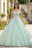 Robe de bal verte à épaules dénudée avec des fleurs 3D