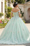 Robe de bal verte à épaules dénudée avec des fleurs 3D