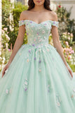 Robe de bal verte à épaules dénudée avec des fleurs 3D