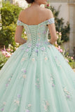 Robe de bal verte à épaules dénudée avec des fleurs 3D