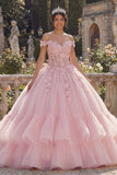 Robe de bal rose à épaules décollées robe de quinceañera à étages