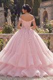 Robe de bal rose à épaules décollées robe de quinceañera à étages