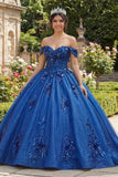 Robe de bal Quinceañera bleu royal épaule dénudée et appliquée