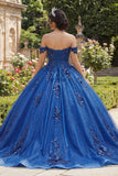 Robe de bal Quinceañera bleu royal épaule dénudée et appliquée