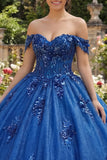 Robe de bal Quinceañera bleu royal épaule dénudée et appliquée