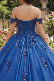 Robe de bal Quinceañera bleu royal épaule dénudée et appliquée