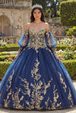 Robe de bal à manches longues à manches longues appliquées bleu marine en quinceañera