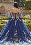 Robe de bal à manches longues à manches longues appliquées bleu marine en quinceañera