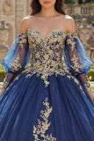 Robe de bal à manches longues à manches longues appliquées bleu marine en quinceañera