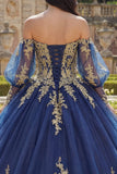 Robe de bal à manches longues à manches longues appliquées bleu marine en quinceañera