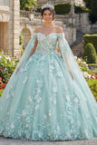 Robe de bal vert applique, épaule découssée, robe quinceañera avec manches cape