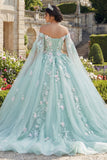 Robe de bal vert applique, épaule découssée, robe quinceañera avec manches cape