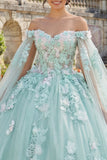 Robe de bal vert applique, épaule découssée, robe quinceañera avec manches cape