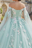 Robe de bal vert applique, épaule découssée, robe quinceañera avec manches cape
