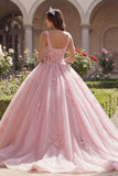 Robe de bal à bretelles fines roses Corset appliquée robe de bal Quinceañera