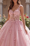 Robe de bal à bretelles fines roses Corset appliquée robe de bal Quinceañera