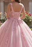 Robe de bal à bretelles fines roses Corset appliquée robe de bal Quinceañera