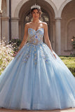 Robe de bal Quinceañera corset bleu sans bretelles appliquée