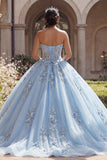 Robe de bal Quinceañera corset bleu sans bretelles appliquée