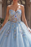 Robe de bal Quinceañera corset bleu sans bretelles appliquée