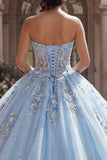 Robe de bal Quinceañera corset bleu sans bretelles appliquée