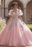 Robe de bal Quinceañera à corset rose appliquée avec manches bouffantes