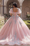 Robe de bal Quinceañera à corset rose appliquée avec manches bouffantes