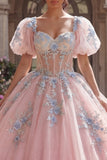 Robe de bal Quinceañera à corset rose appliquée avec manches bouffantes