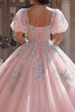 Robe de bal Quinceañera à corset rose appliquée avec manches bouffantes