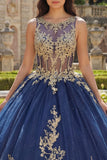 Robe de bal à col rond bleu marine avec applique, robe de bal Quinceañera