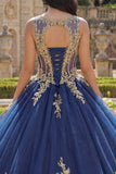 Robe de bal à col rond bleu marine avec applique, robe de bal Quinceañera