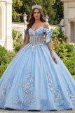 Robe de bal Quinceañera à corset bleu à épaules froides appliquées