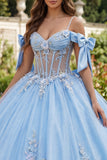 Robe de bal Quinceañera à corset bleu à épaules froides appliquées