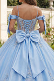 Robe de bal Quinceañera à corset bleu à épaules froides appliquées
