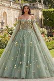 Robe de bal verte épaule décalée robe florale de quinceañera avec manches cape