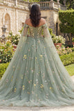 Robe de bal verte épaule décalée robe florale de quinceañera avec manches cape