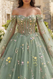 Robe de bal verte épaule décalée robe florale de quinceañera avec manches cape