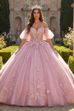 Robe de bal rose à épaules dénudées appliquée en quinceañera avec manches bouffantes