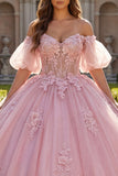 Robe de bal rose à épaules dénudées appliquée en quinceañera avec manches bouffantes