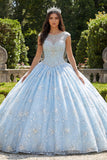 Robe de bal bleu ciel perlée à col illusion Quinceañera