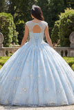 Robe de bal bleu ciel perlée à col illusion Quinceañera