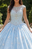 Robe de bal bleu ciel perlée à col illusion Quinceañera