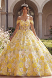 Robe de bal jaune corset décollé à l’épaule avec appliques, robe quinceañera