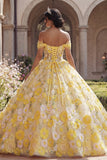 Robe de bal jaune corset décollé à l’épaule avec appliques, robe quinceañera