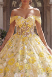 Robe de bal jaune corset décollé à l’épaule avec appliques, robe quinceañera
