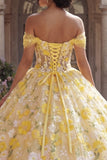 Robe de bal jaune corset décollé à l’épaule avec appliques, robe quinceañera