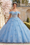 Robe de bal dénudée avec corset perles bleues Corset Quinceañera avec des fleurs 3D