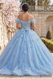 Robe de bal dénudée avec corset perles bleues Corset Quinceañera avec des fleurs 3D